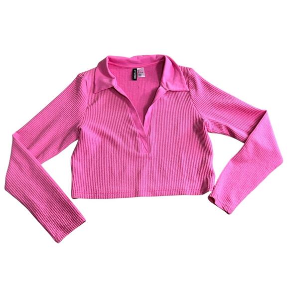 Divided H&M Pink Collared Ribbed Top Sz Large Long-Sleeve Crop Blouse Coquette - Picture 3 of 7